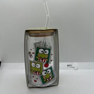 Sanrio Keroppi glass tumbler with bamboo lid and glass straw
